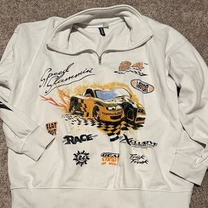 Divided White Quarter-Zip Sweatshirt with Yellow Racing Car Graphic